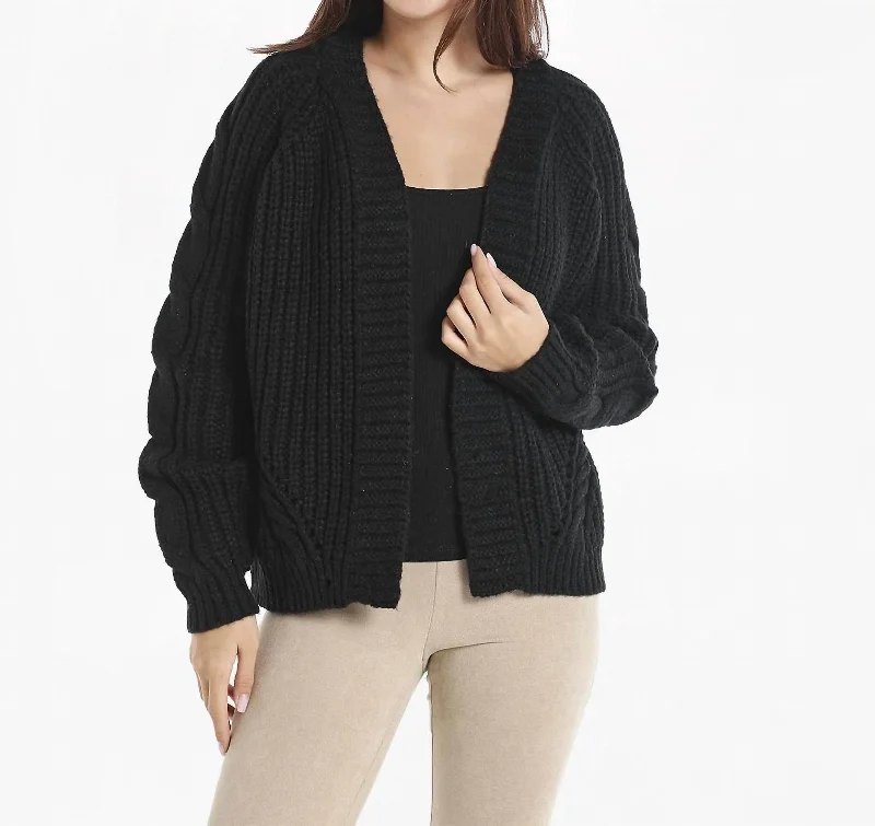 Open Front Cable Knit Cardigan In Black