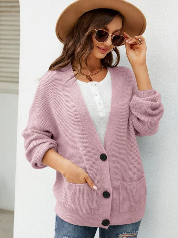 Waffle Knitted Button-Up Winter Sweater Cardigan with Pockets