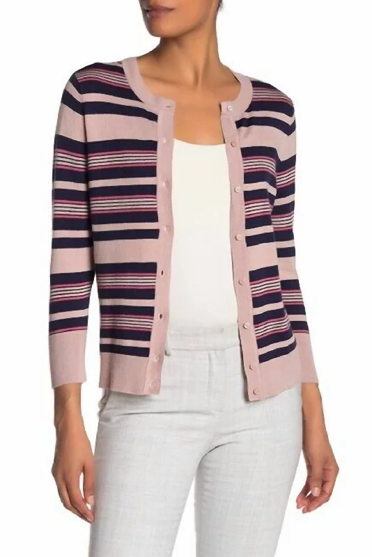 Striped Crew Neck Knit Cardigan In Pink, Navy