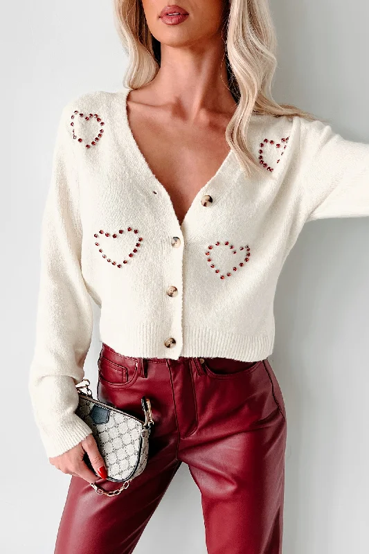 Express My Love Rhinestone Heart Cardigan Sweater (Ivory)