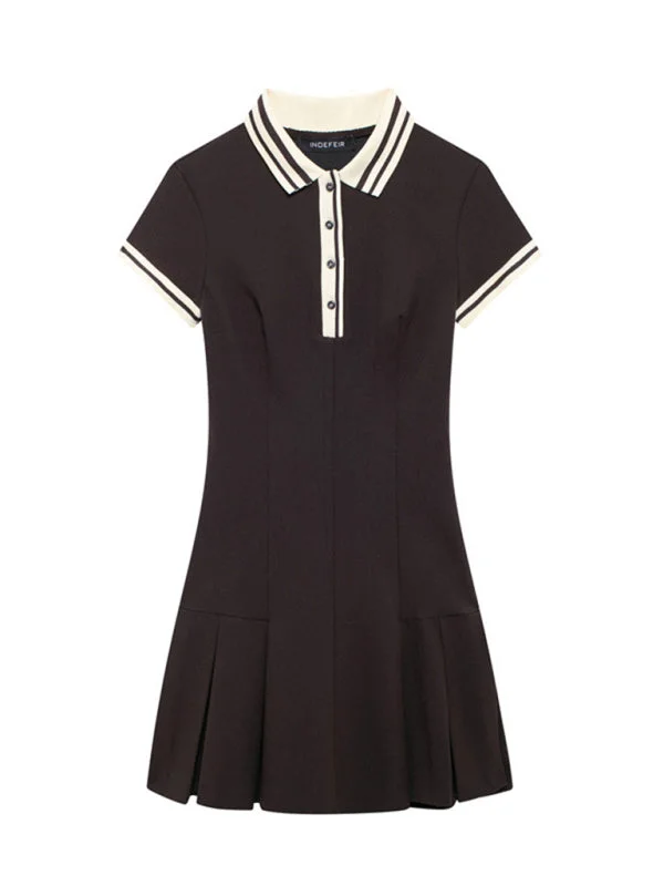 Trendy Contrast Henley Collar Drop Waist Mini Dress