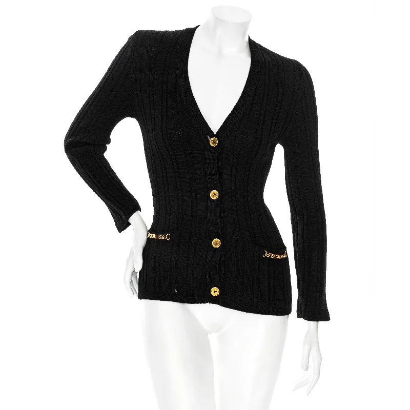 Vintage Black Wool Ribbed Knit Triomphe Cardigan