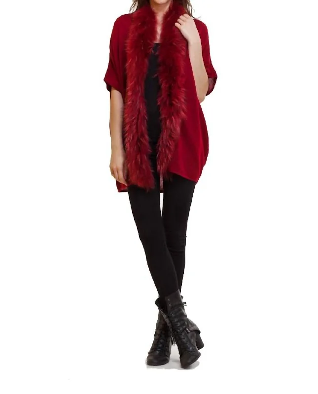 Fur Trim Cardigan In Red