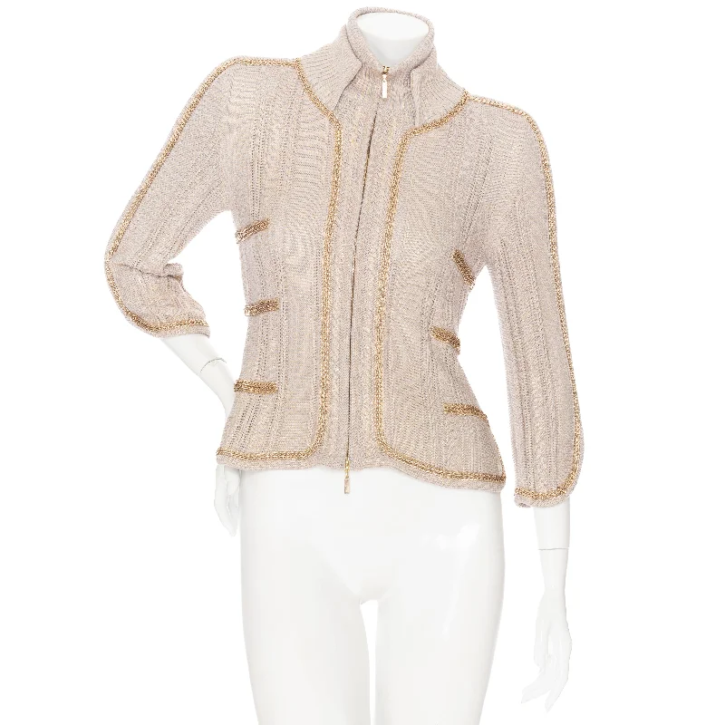 2008 Beige and Gold-Brushed Chain-Trim Knit Cardigan