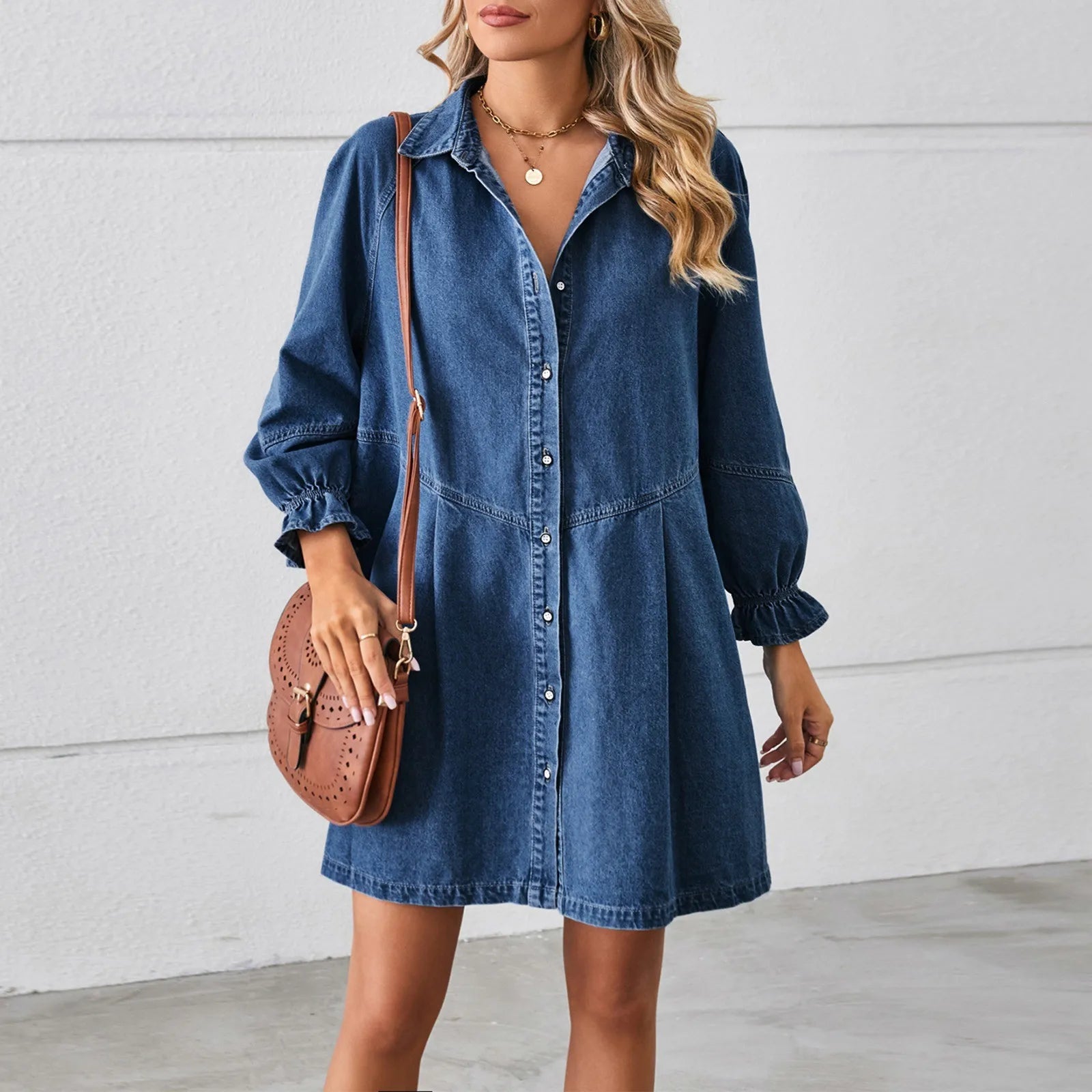 Breezy Bishop Sleeve Denim Mini Dress– Ideal for Weekend Wear