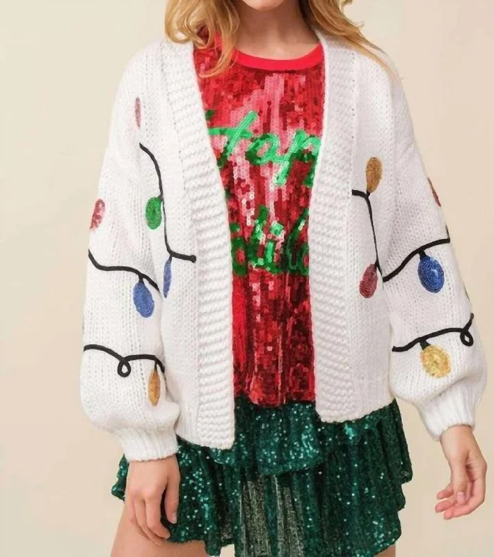 Christmas Sequin Light Cardigan In Off White