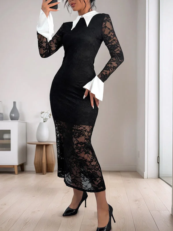 Trendy Black Lace Cocktail Dress with White Collar & Cuffs