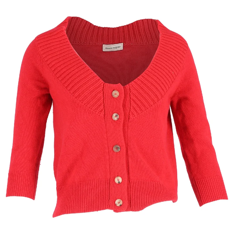 Alexander McQueen Off-Shoulder Buttoned Cardigan in Red Cashmere