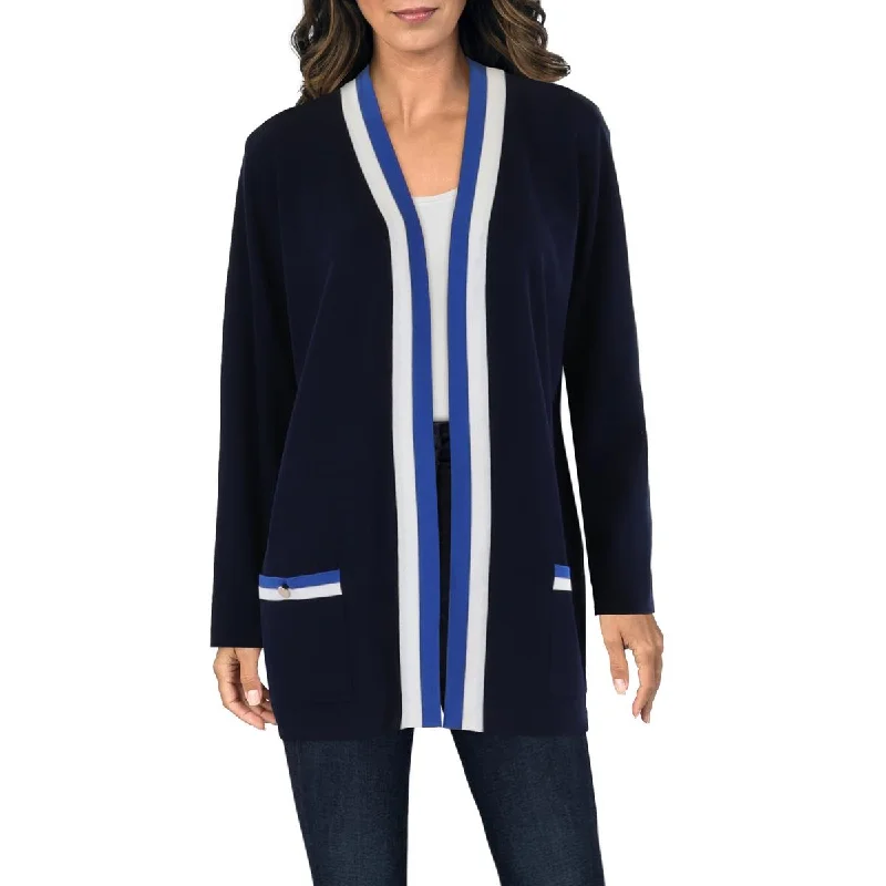 Womens Striped-Trim Knit Cardigan Sweater