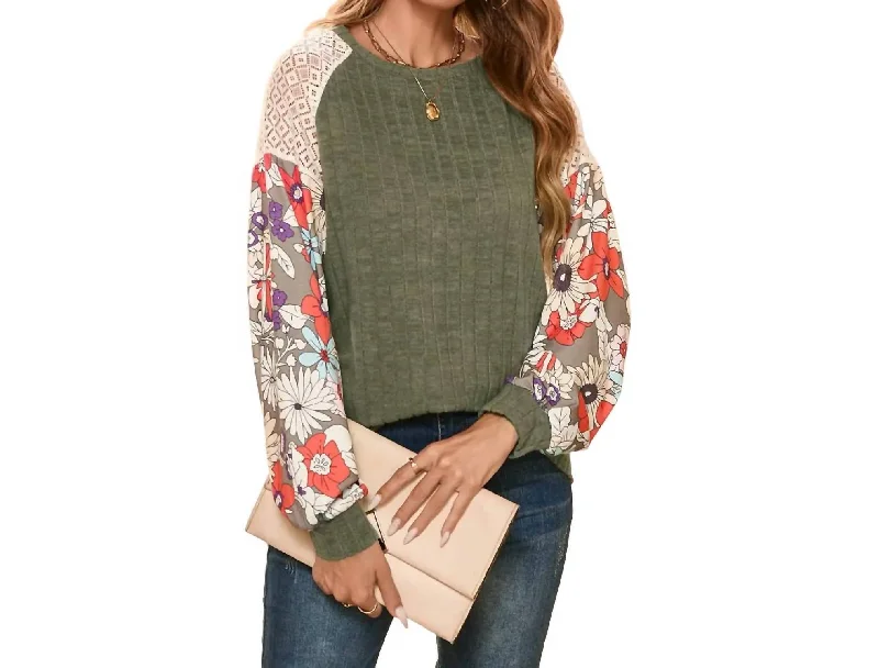 Floral Patchwork Long Sleeve Blouse In Laurel Green