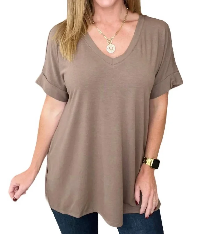 V-Neck Cuffed Sleeve Hi-Low Hem Top In Mocha