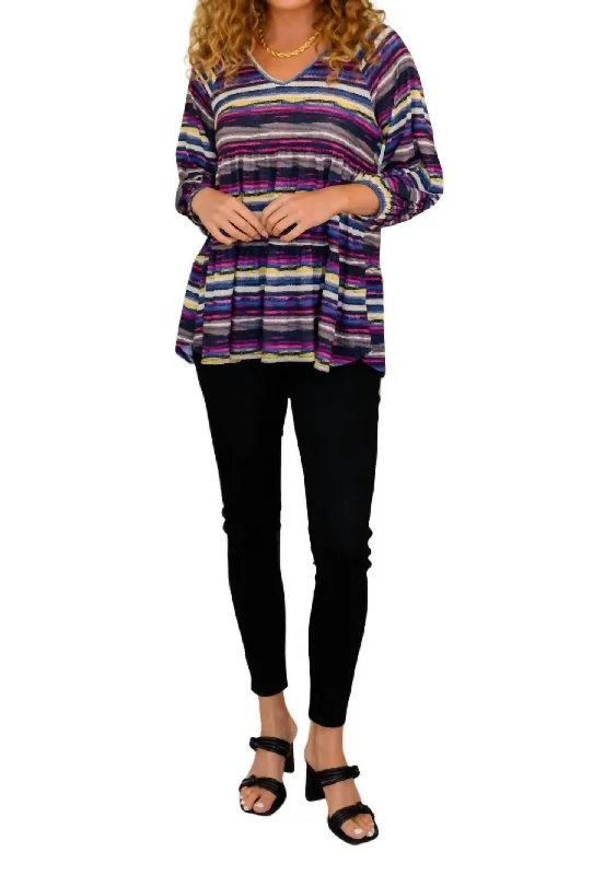 Circle Back Striped V-Neck Top In Multi