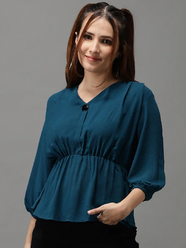 Women V-Neck Solid Teal Peplum Top