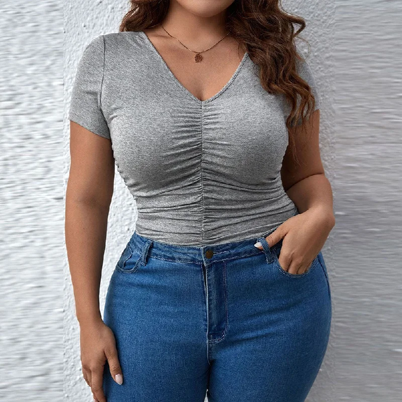 Plus Size Slim V Neck Solid Color Short Sleeve T-Shirt Top Wholesale Women'S Tops