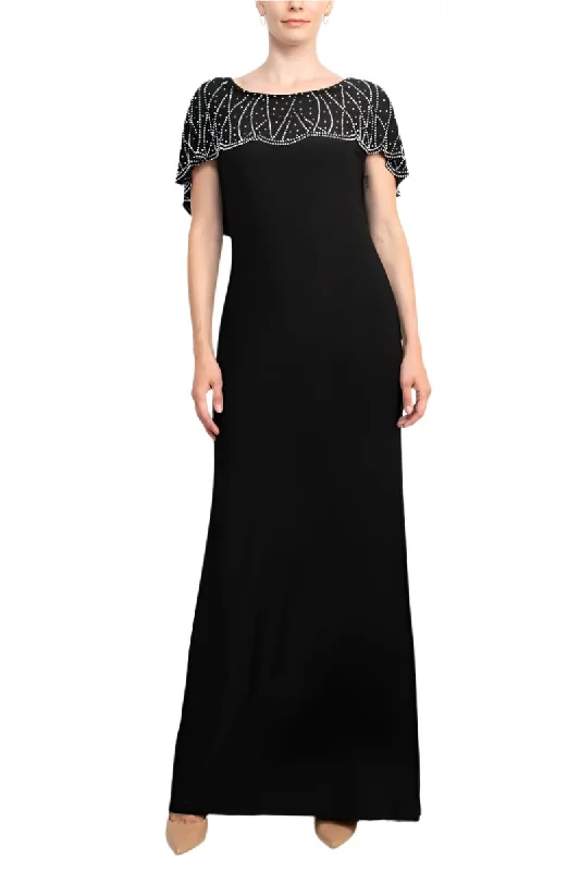 Marina Boat Neck V-Back Beaded Capelet Shirt Sleeve Solid Jersey Long Gown