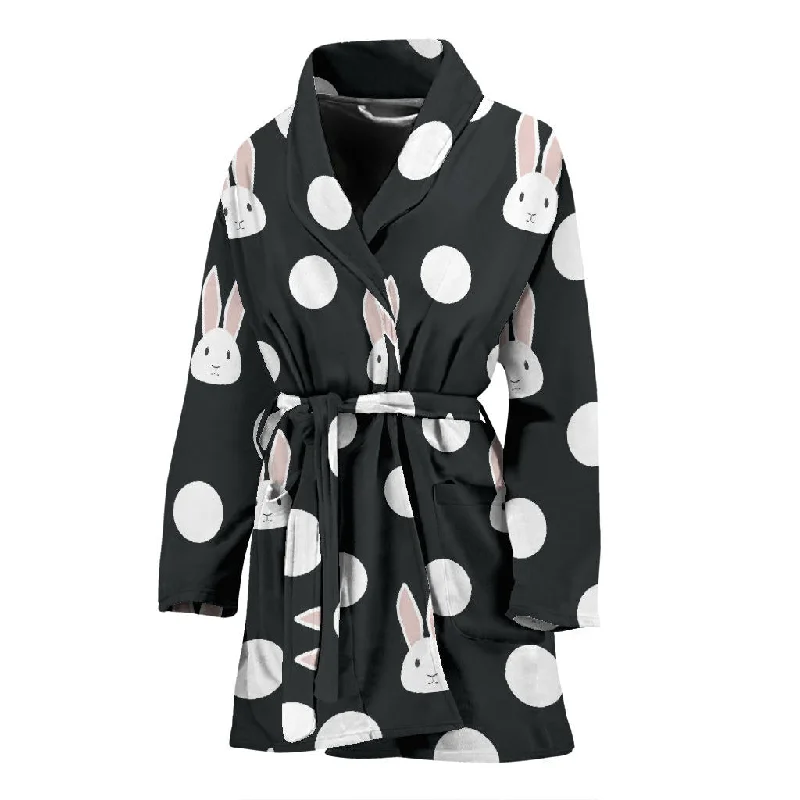 Cute White Rabbit Polka Dots Black Background Women'S Bathrobe