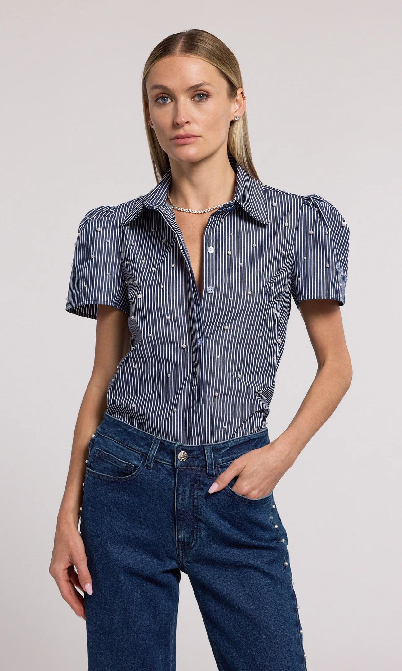 Generation Love Murphy Pearl Embellished Pinstripe Shirt Navy White