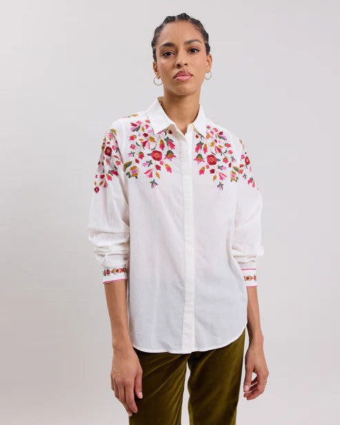 Hartford Cesar Shirt White with Floral Embroidery