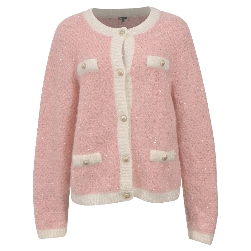 Maje Lurex Knitted Cardigan in Pink Wool