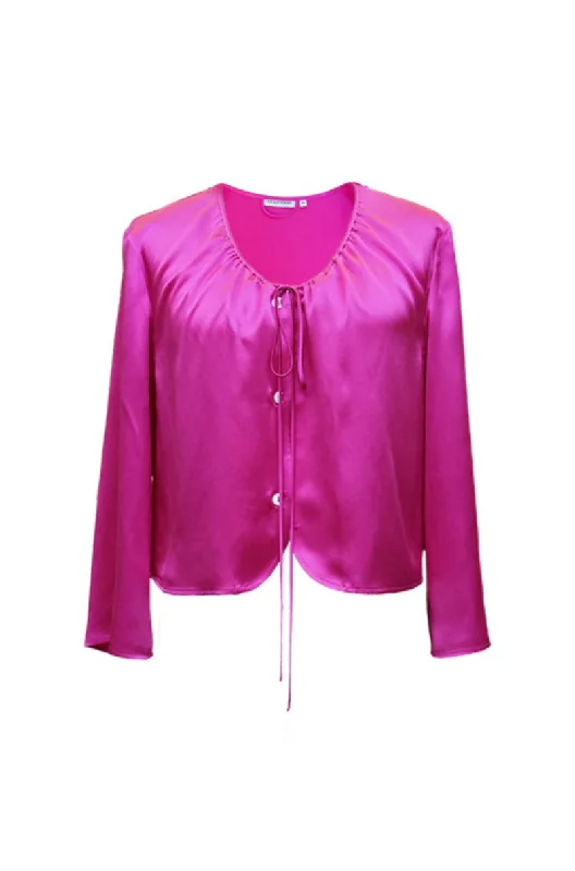 ROUND-NECK DRAWSTRING SILK LONG-SLEEVE SHIRT IN PINK