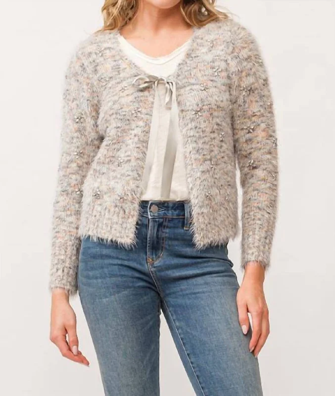 Serafina Tie Front Fuzzy Cardigan In Snowy Meadow