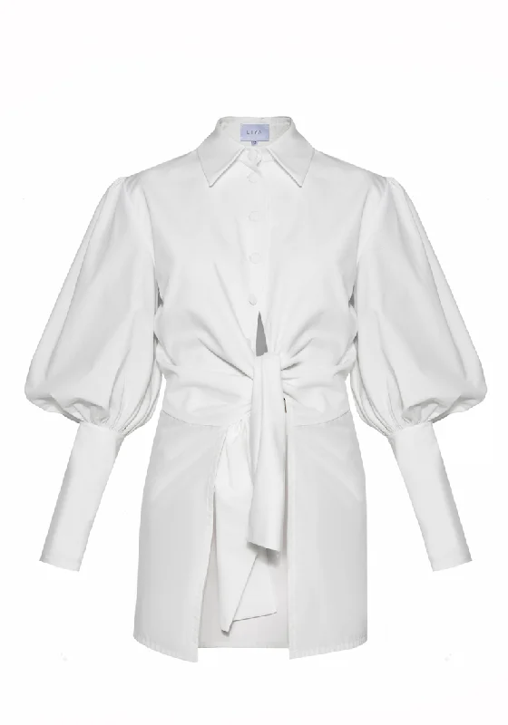 WHITE CUFFED SLEEVE FRONT TIE SHIRT