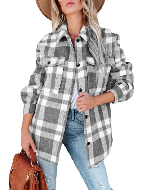 Autumn Shacket Bushed Flannel Plaid Mid-Length Shirt Jacket