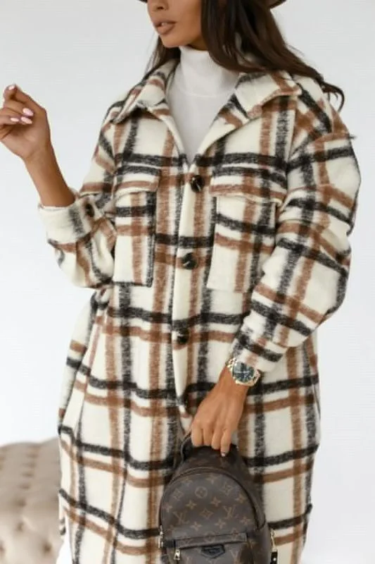 Checked Shirt Long Jacket -  Checked Coat