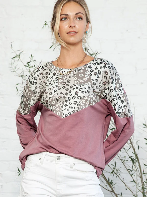 Color-Block Leopard Print Pullover T-Shirt