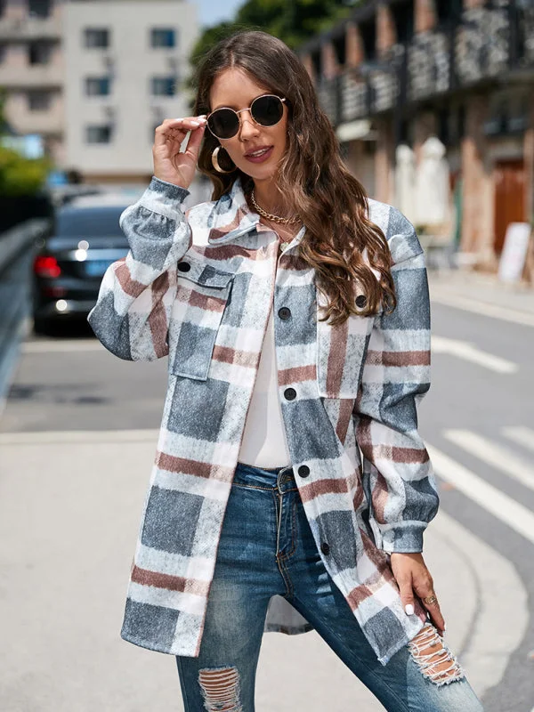 Woolen Plaid Mid-Length Shirt Jacket Autumn Shacket